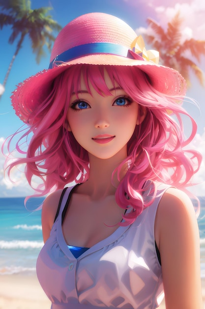 Beautiful Anime Girl on Beach Anime Girl Anime character Cartoon Anime AI Generative