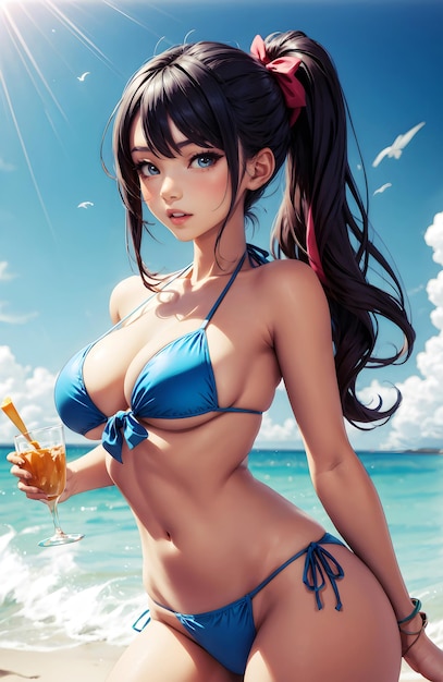 Beautiful anime girl in blue bikini