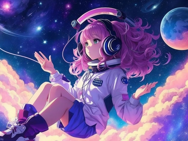 Beautiful anime girl floating in space PSD