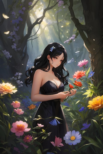 Beautiful Anime Girl in Forest Cute Anime Girl in Forest Anime Girl Anime Art Anime Illustration AI Generative