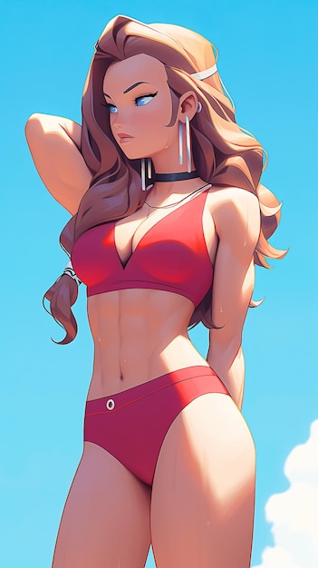 Beautiful anime girl illustration in red bikini