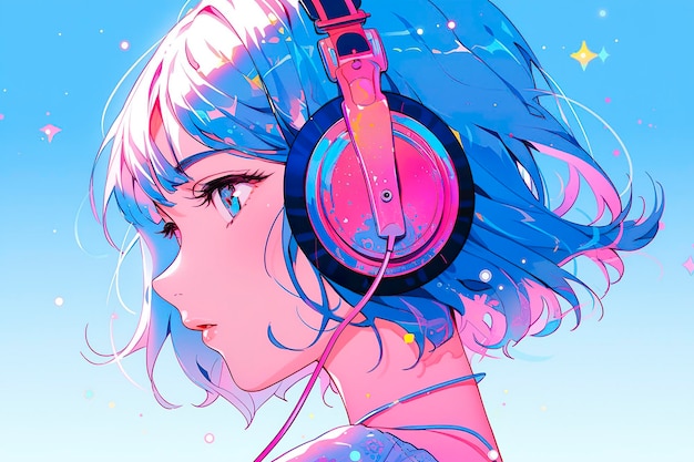 Beautiful anime girl listening to Lofi hip hop music with headphones cartoon drawing AI Generative