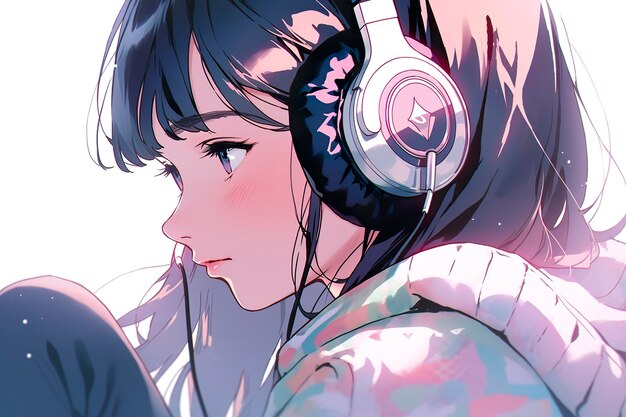 Beautiful anime girl listening to Lofi hip hop music with headphones cartoon drawing AI Generative