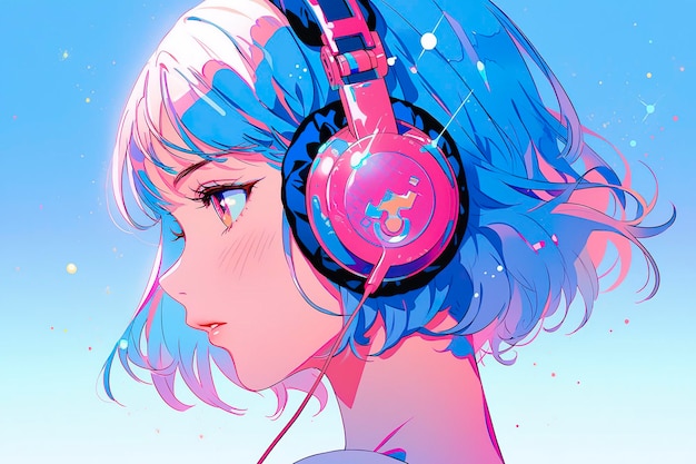 Beautiful anime girl listening to lofi hip hop music with headphones cartoon drawing ai generative