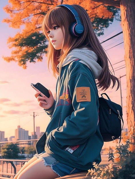 Beautiful anime girl listening to lofi hip hop music with headphones generate by ai