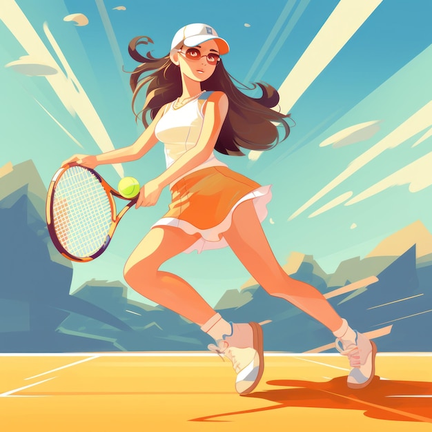 写真 美しいアニメの女子テニス選手 テニスラケットを握っている女性 美しい少女ティーンエイジャーとテニスコートでラケットを持ったアスリート ファッションとスポーツ ロマンチックな美学 朝のトレーニング