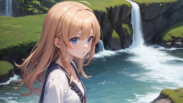 Beautiful anime girl next to a waterfall in the forest