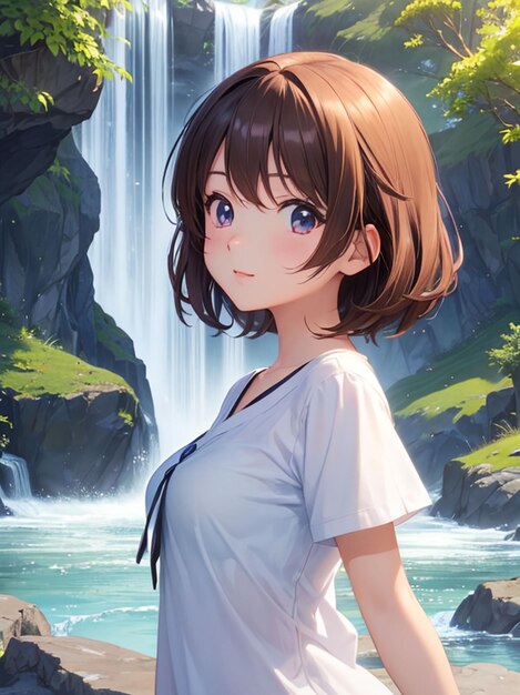 Premium AI Image  Beautiful anime girl next to the waterfall for mobile  wallpaper