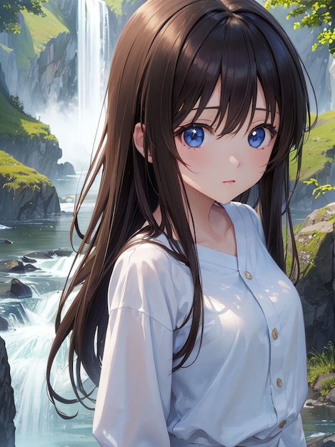 Premium AI Image  Beautiful anime girl next to the waterfall for mobile  wallpaper