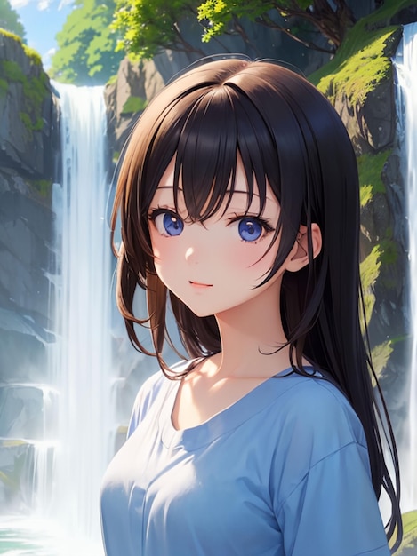 Premium AI Image  Beautiful anime girl next to the waterfall for mobile  wallpaper