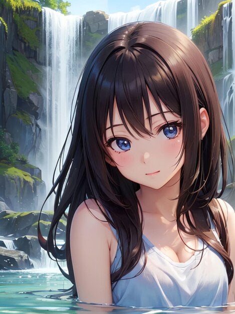Beautiful anime girl next to the waterfall for mobile wallpaper
