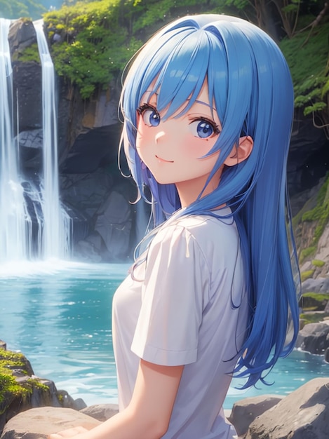 Premium AI Image  Beautiful anime girl next to the waterfall for mobile  wallpaper