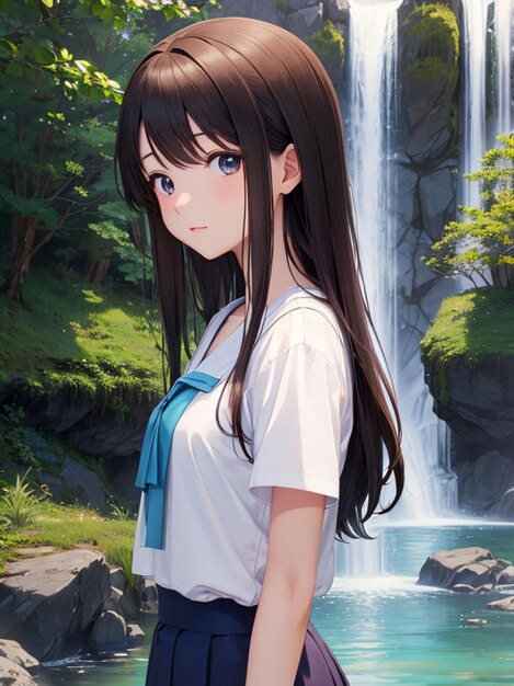 Premium AI Image  Beautiful anime girl next to the waterfall for mobile  wallpaper