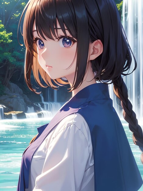 Premium AI Image | Beautiful anime girl next to the waterfall for ...