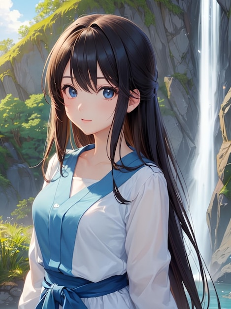 Premium AI Image  Beautiful anime girl next to the waterfall for mobile  wallpaper