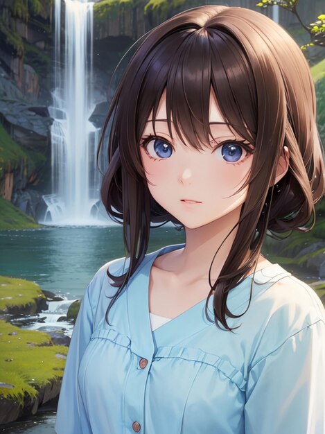 Premium AI Image  Beautiful anime girl next to the waterfall for mobile  wallpaper