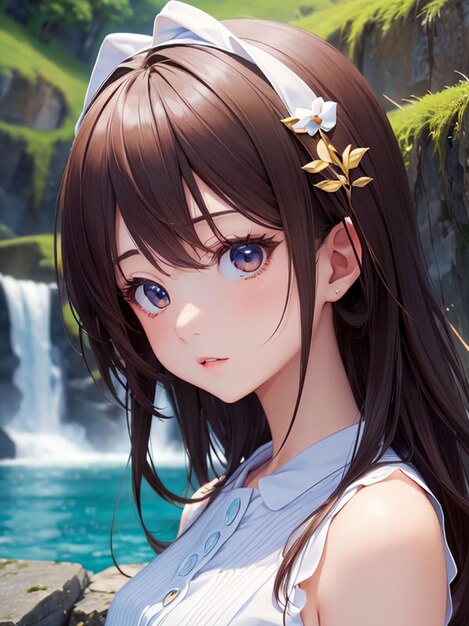 Premium AI Image  Beautiful anime girl next to the waterfall for mobile  wallpaper