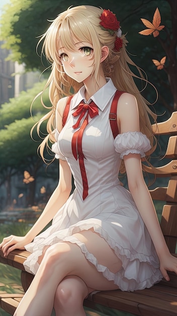 Beautiful anime girl white elegant dress blonde hair