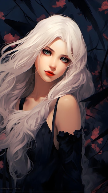 A beautiful anime girl with long white hair