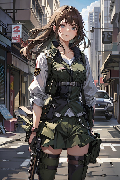 Beautiful anime girl with a machine gun in the city