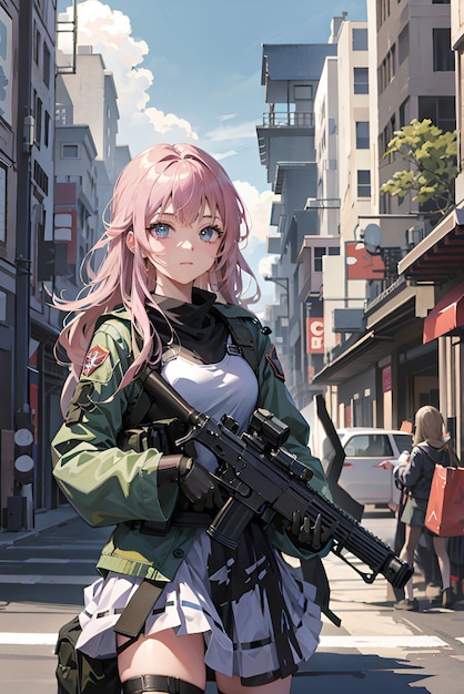 Beautiful anime girl with a machine gun in the city