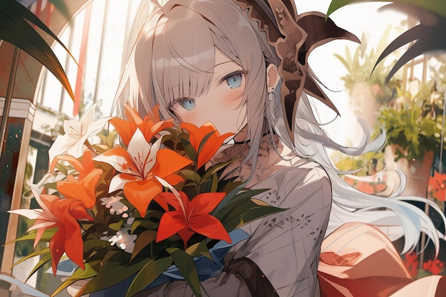 大きな花束を持った白い髪と青い目の美しいアニメの女の子が生成された AI