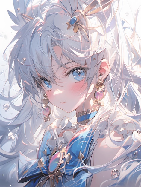 Beautiful anime girl with white hair and blue eyes