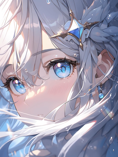 Beautiful anime girl with white hair and blue eyes