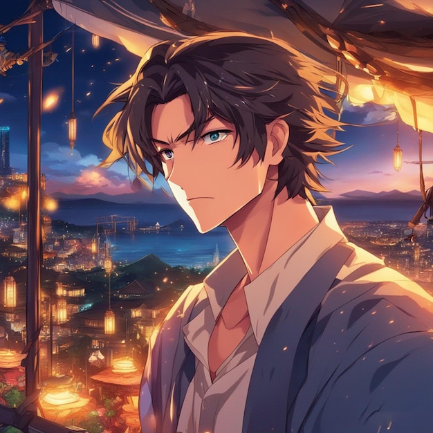 Premium AI Image  Anime boy with blue eyes looking up at the sky