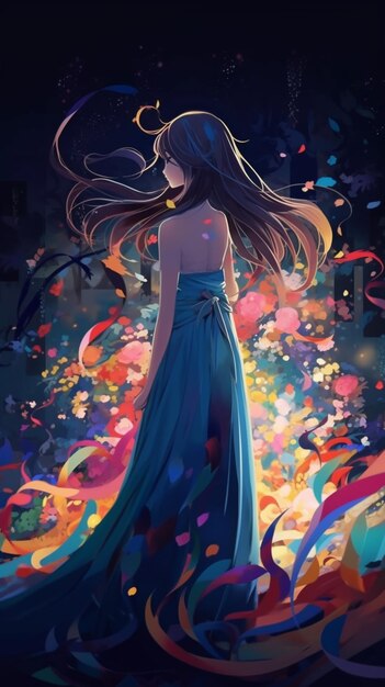 Photo beautiful anime long dress made multicolored rubans photography image ai generated art