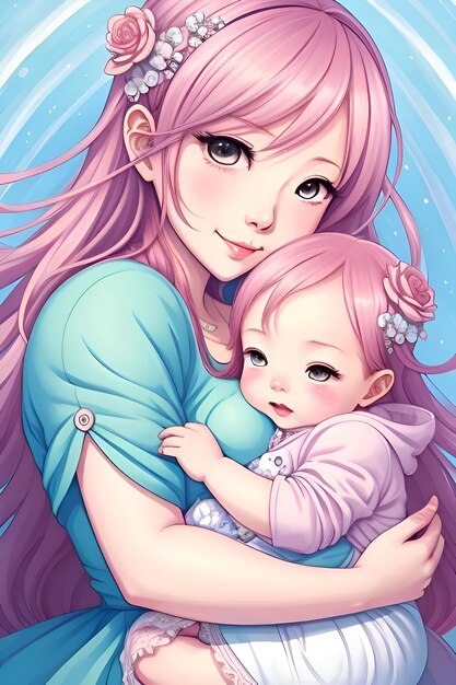 Beautiful Anime Mother And Cute Baby