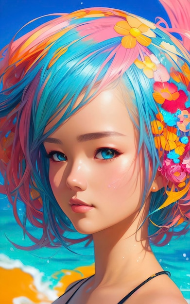 beautiful anime painting of summerpunk lady wading into ocean