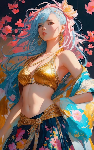 Beautiful anime painting of summerpunk lady