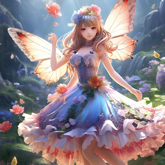 Beautiful anime princess girl wearing elegant dress costume stands in the beautiful fantasy backgrou