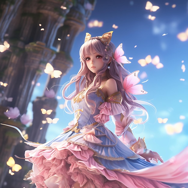 Beautiful anime princess girl wearing elegant dress costume stands in the beautiful fantasy backgrou