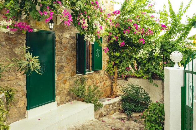 Beautiful antique brick house in old town European historical architecture