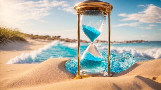 Beautiful antique hourglass on the sand against the background of the sea