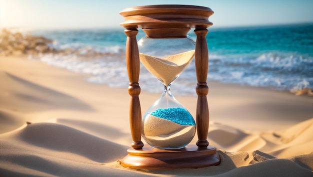 Beautiful antique hourglass on the sand against the background of the sea