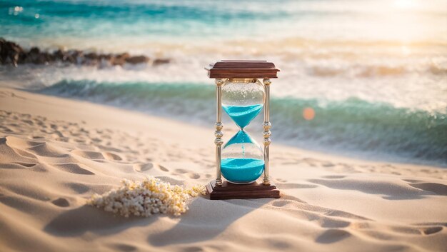 Beautiful antique hourglass on the sand against the background of the sea