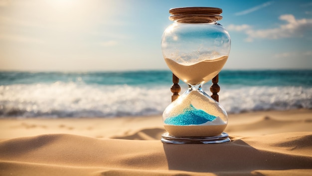 Beautiful antique hourglass on the sand against the background of the sea