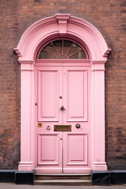 Beautiful Antique Pink Door in Classic Brick Building at Crossroad Closed Business Architecture