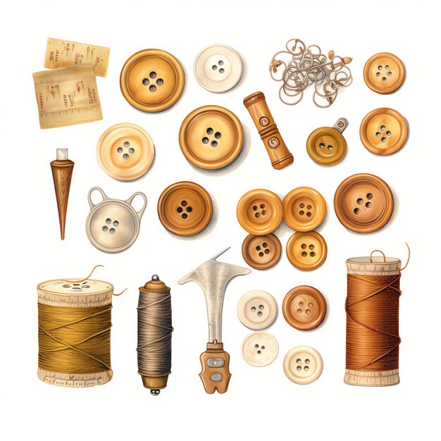 beautiful Antique sewing notions and buttons Rustic cottagecore watercolor cozy clipart