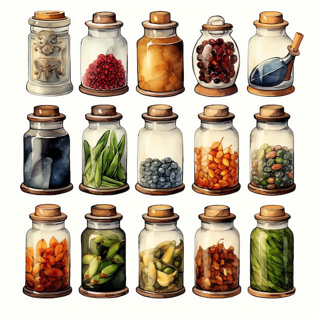 Photo beautiful antique spice jars watercolor vintage country kitchen clipart illustration