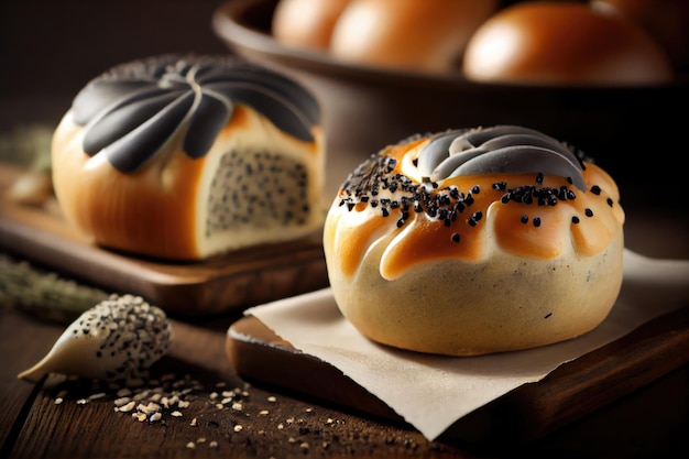 Beautiful appetizing poppy seed buns with swollen glaze