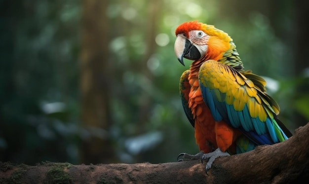 Beautiful Ara parrot on tropical forest background generative AI