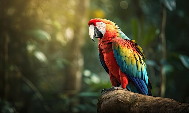 Beautiful Ara parrot on tropical forest background generative AI