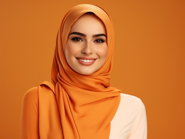 a beautiful Arabian girl smiles sweetly in orange monochrome business clothes on an orange