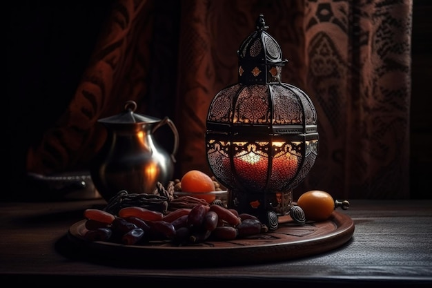 Beautiful Arabian lamp with a bowl of ripe date and juice jar Muslim holy month of Ramadan concept with a date bowl Islamic festival Ramadan iftar illustration with an Arabian lamp Generative AI