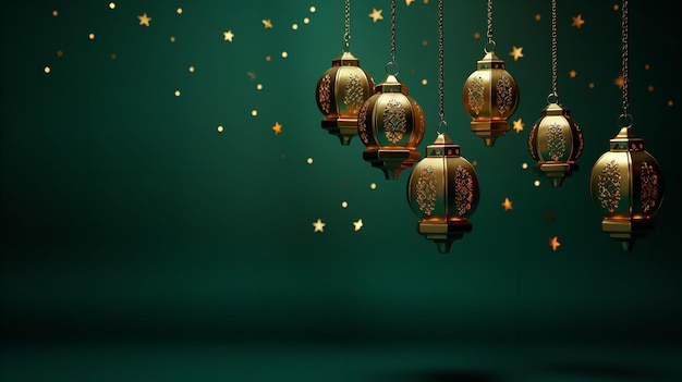 Beautiful Arabic green and gold lamp lantern on a verdant backdrop Ramadan Kareem Generative AI