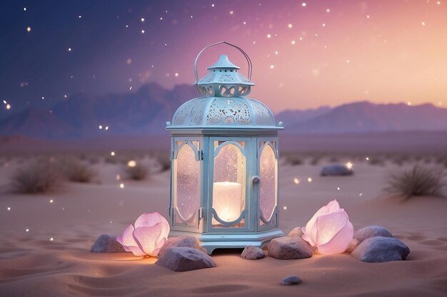 Photo beautiful arabic lantern in the desert for ramadan and eid mubarak islamic event background